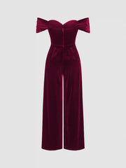 Velvet Off-shoulder Solid Ruched Jumpsuit