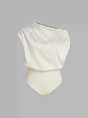 Satin Asymmetrical Neck Solid Ruched Bodysuit