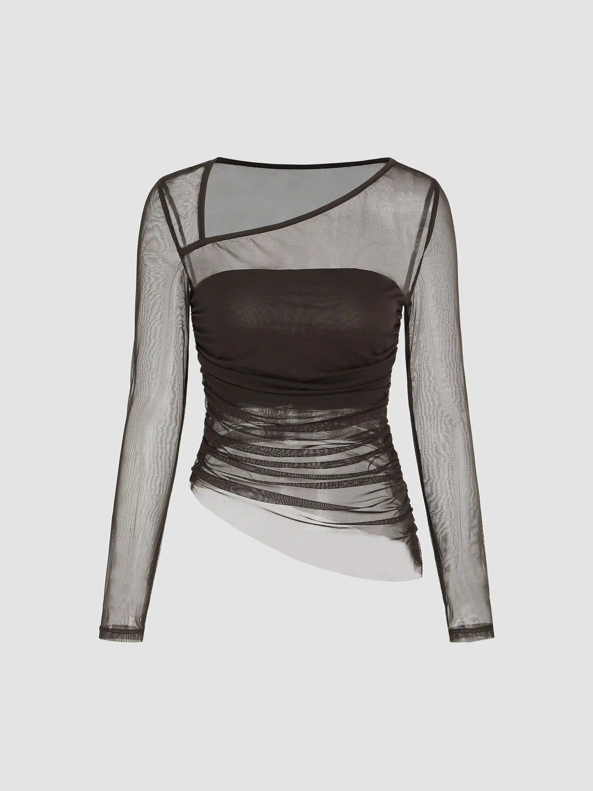 Mesh Asymmetrical Neck Long Sleeve Top