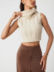 High Neck Solid Cable Knit Crop Vest & Houndstooth High Waist Wide Leg Trousers Set