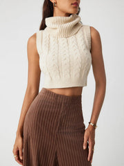 High Neck Solid Cable Knit Crop Vest & Houndstooth High Waist Wide Leg Trousers Set