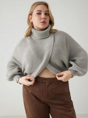 High Neck Solid Knitted Long Sleeve Crop Sweater Curve & Plus