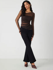 Mesh Asymmetrical Neck Long Sleeve Top