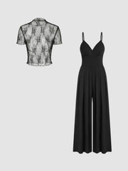 Lace See-through Top & V Neck Wide Leg Jumpsuit