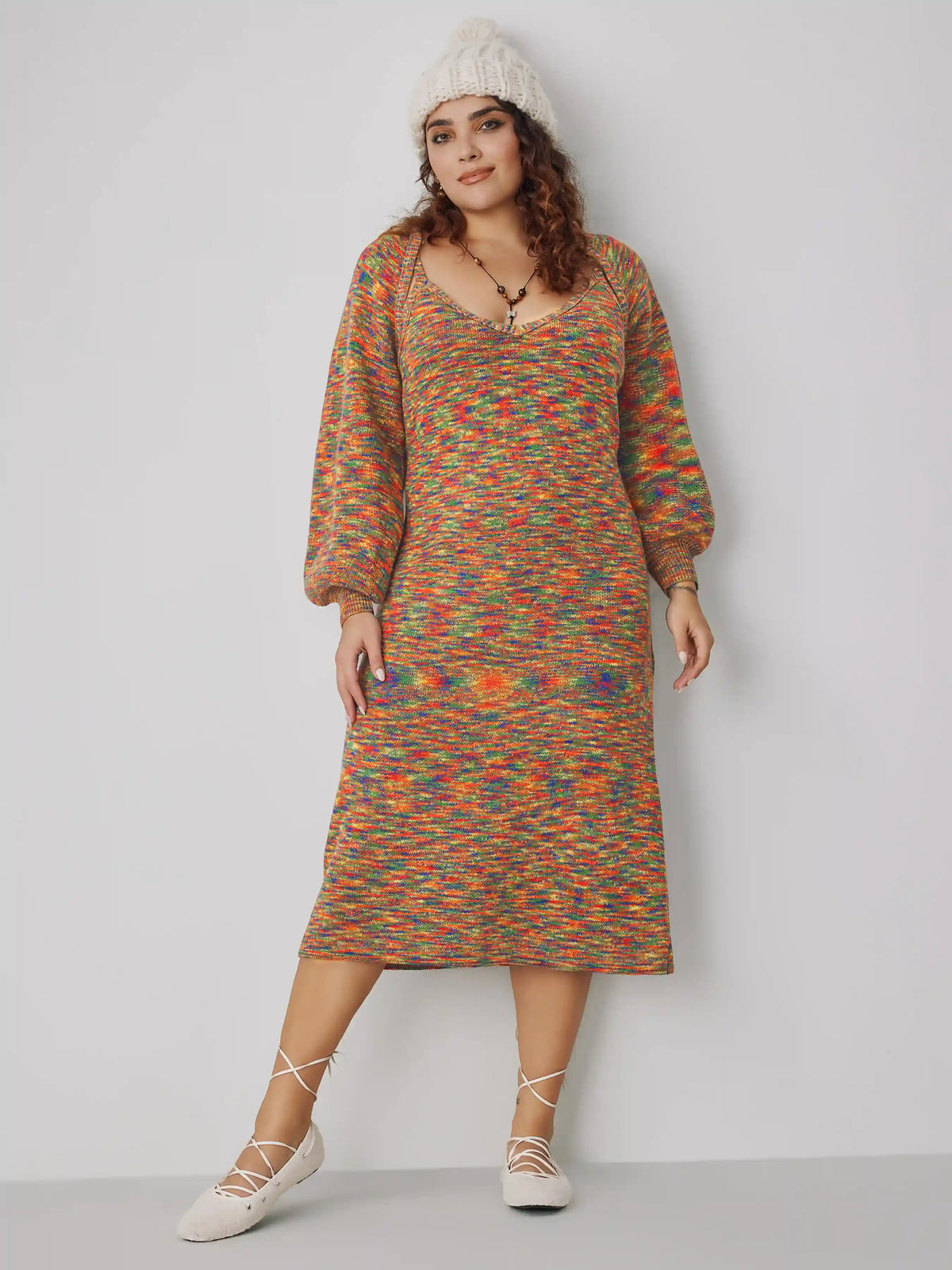 Knit Jacquard Square Neck Colorful Maxi Dress & Shrug Curve & Plus