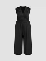 V-neck Ruched Solid Wide Leg Jumpsuit Curve & Plus