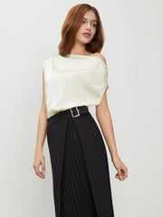 Satin Asymmetrical Neck Solid Ruched Bodysuit