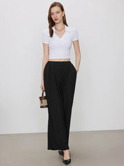 Petite Solid Elastic Waist Wide Leg Pants
