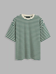 Cotton-blend Round Neck Striped Oversized Short Sleeve Tee