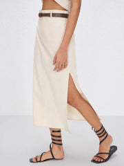 Linen-blend Mid Rise Solid Midi Skirt With Belt