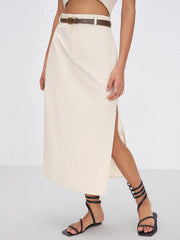 Linen-blend Mid Rise Solid Midi Skirt With Belt