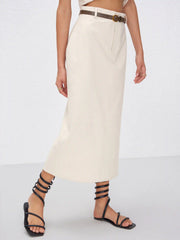 Linen-blend Mid Rise Solid Midi Skirt With Belt