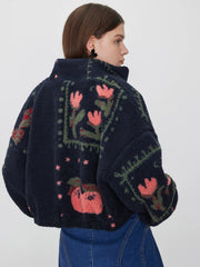 Fleece High Neck Graphic Zipper Jacket