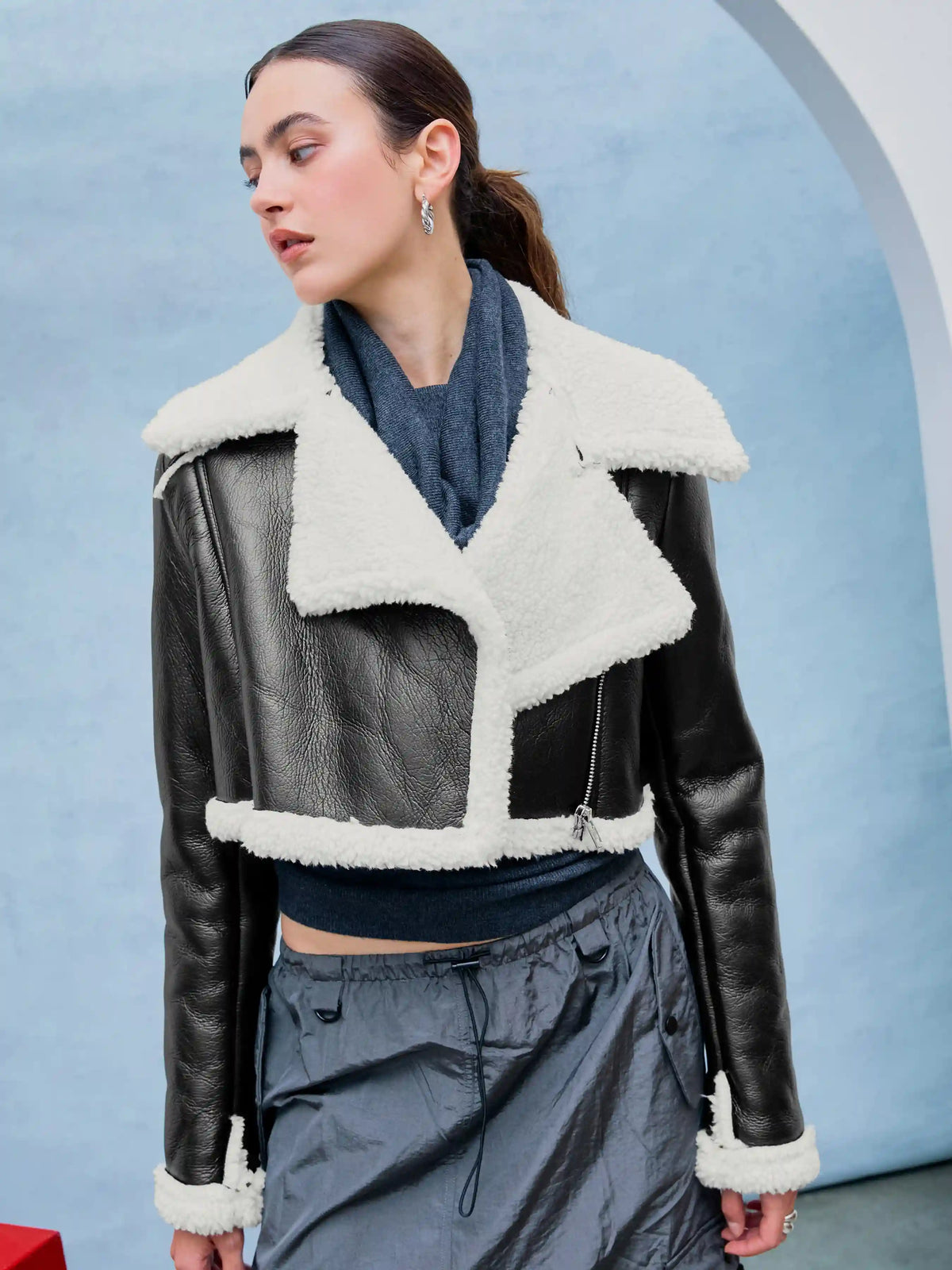 Fleece Drop Shoulder Zipper Biker Crop Jacket