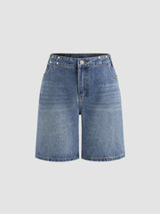 Denim High Rise Solid Wide Leg Shorts