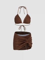 Halter Lettuce Trim Bikini Swimsuit With Drawstring Ruched Cover Up Skirt