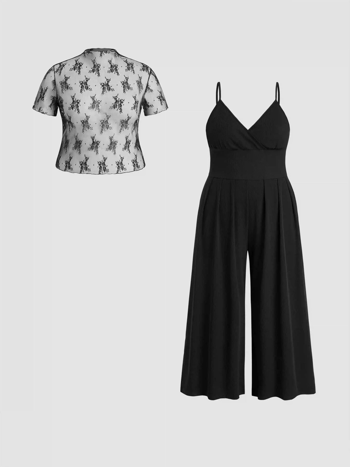 Lace See-through Top & V Neck Wide Leg Jumpsuit Curve & Plus