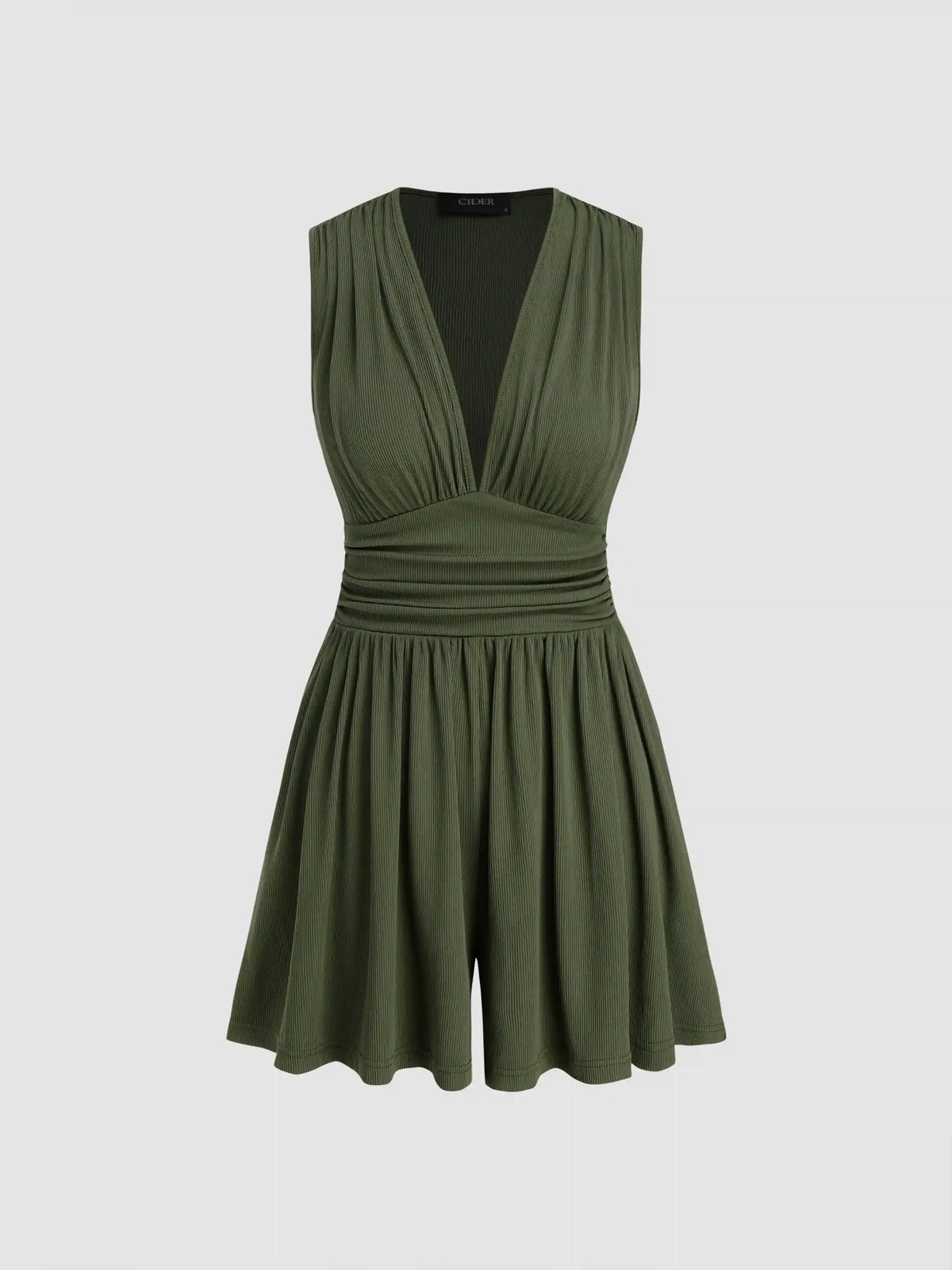 V-neck Solid Ruched Pocket Romper