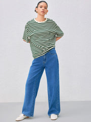 Cotton-blend Round Neck Striped Oversized Short Sleeve Tee