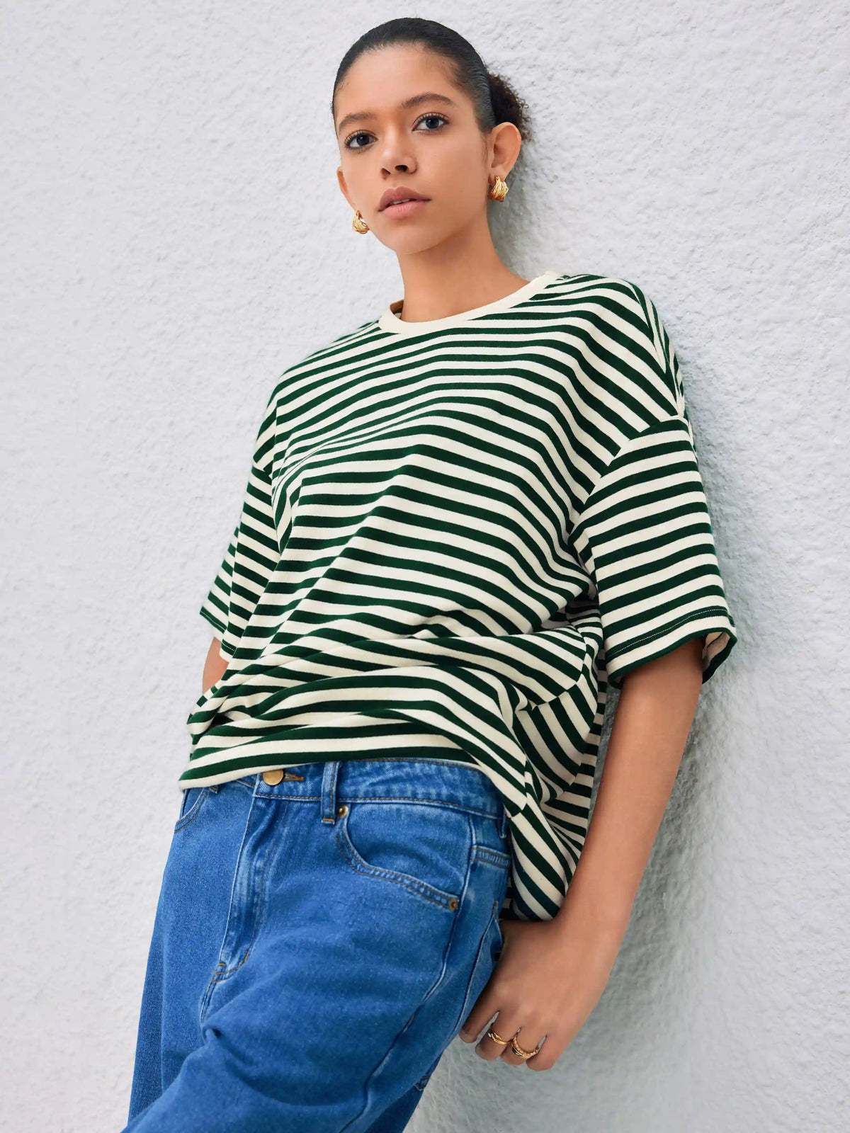 Cotton-blend Round Neck Striped Oversized Short Sleeve Tee