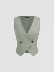 Linen-blend V-neck Solid Button Vest