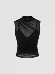 Mesh High Neck Solid Tank Top & Crop Cami Top