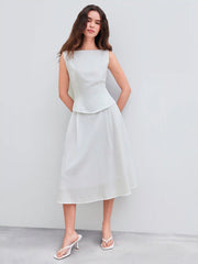 Woven Boat Neck Solid Tank Top & Mid Rise Midi Skirt