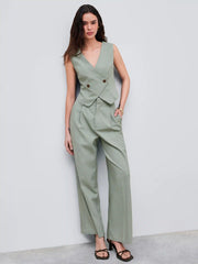 Linen-blend V-neck Solid Button Vest