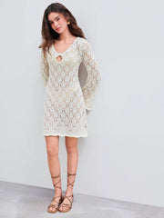 Knitted Scoop Neckline Cut Out See-through Mini Dress
