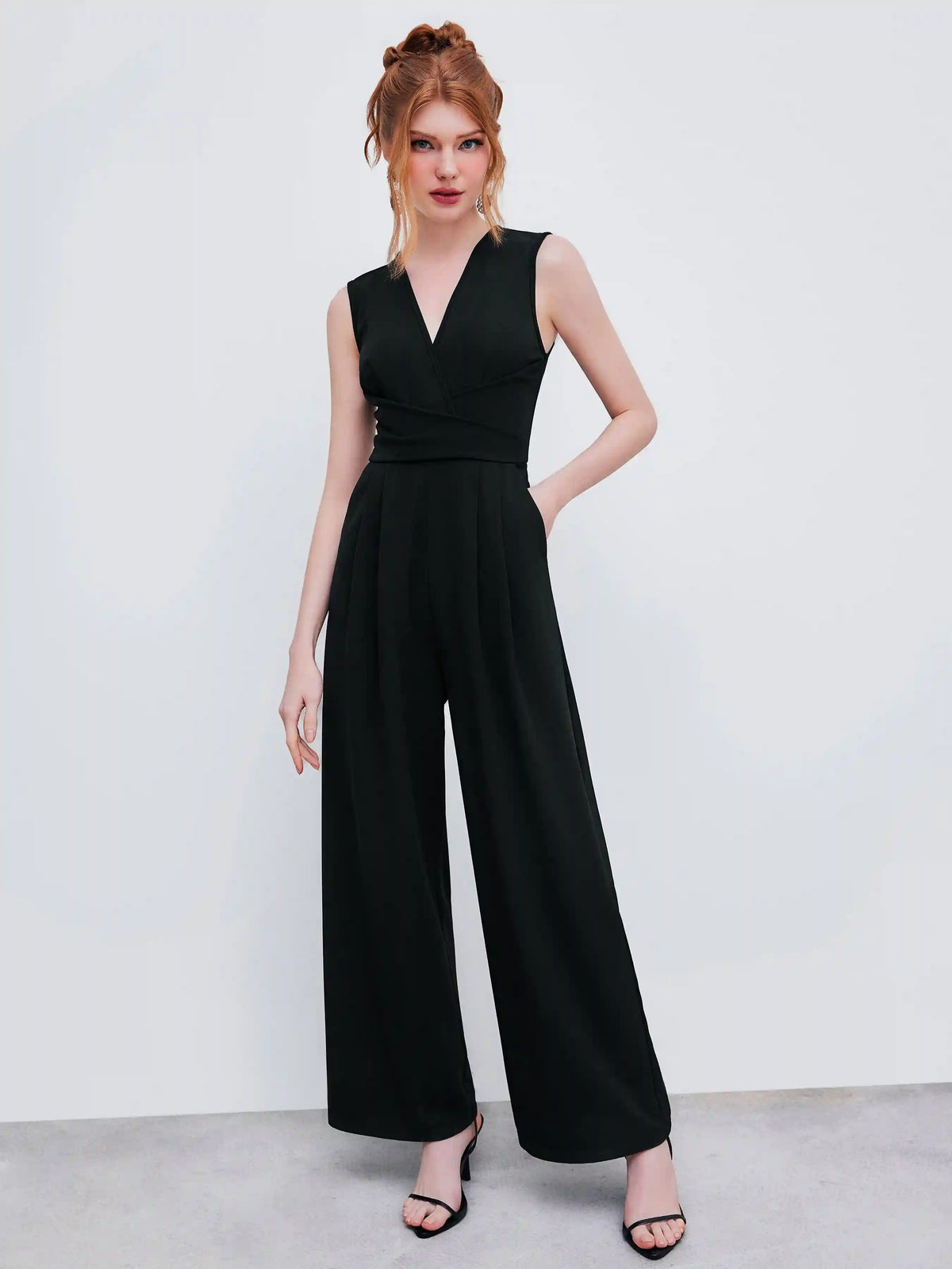 V-neck Wrap Zipper Wide Leg Jumpsuit