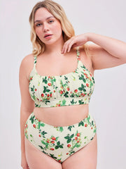 Square Neck Strawberry Graphic Bracelet Bikini Swimsuit With Sarong Curve & Plus