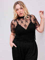 Lace See-through Top & V Neck Wide Leg Jumpsuit Curve & Plus