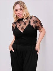 Lace See-through Top & V Neck Wide Leg Jumpsuit Curve & Plus