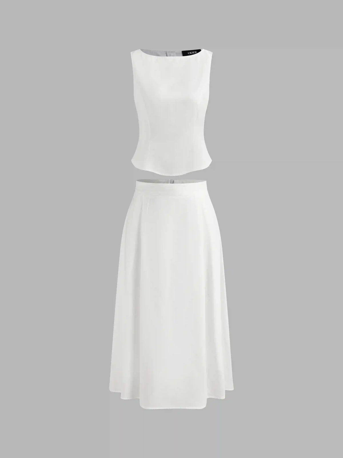 Woven Boat Neck Solid Tank Top & Mid Rise Midi Skirt