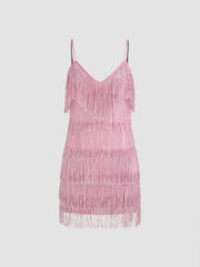 V-neck Solid Tassel Mini Dress