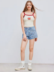 Cider Denim Mid Rise Cherry Embroidery Straight Leg Micro Shorts