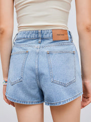 Cider Denim Mid Rise Cherry Embroidery Straight Leg Micro Shorts