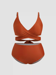 V-neck Solid Criss Cross Cheeky Bikini Set With Drawstring Cover Up Skirt Curve & Plus