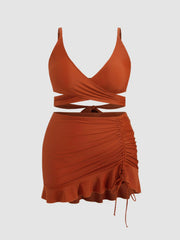 V-neck Solid Criss Cross Cheeky Bikini Set With Drawstring Cover Up Skirt Curve & Plus