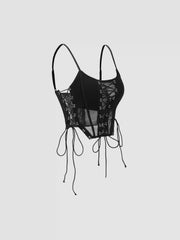 Mesh Scoop Neckline Solid Corset Lace Up Cami Crop Top
