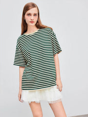 Cotton-blend Round Neck Striped Oversized Short Sleeve Tee