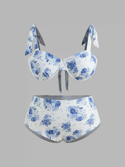 V-neck Floral Underwire Cheeky Shaping Bikini Set With Sarong Curve & Plus