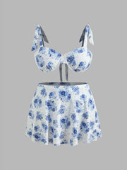 V-neck Floral Underwire Cheeky Shaping Bikini Set With Sarong Curve & Plus