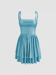 Metallic Square Neck Ruffle Tiered Mini Dress