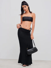 Mid Rise Solid Ruched Maxi Skirt