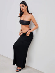 Mid Rise Solid Ruched Maxi Skirt