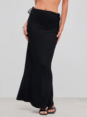 Mid Rise Solid Ruched Maxi Skirt