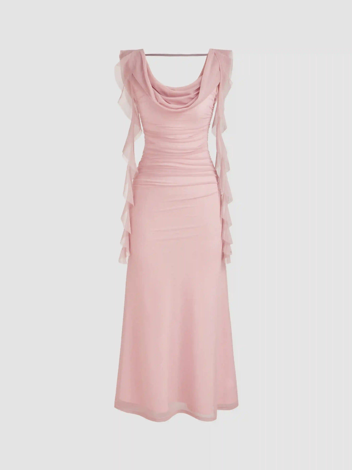 Cowl Neck Solid Ruffle Hem Ruched Maxi Dress