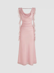 Cowl Neck Solid Ruffle Hem Ruched Maxi Dress