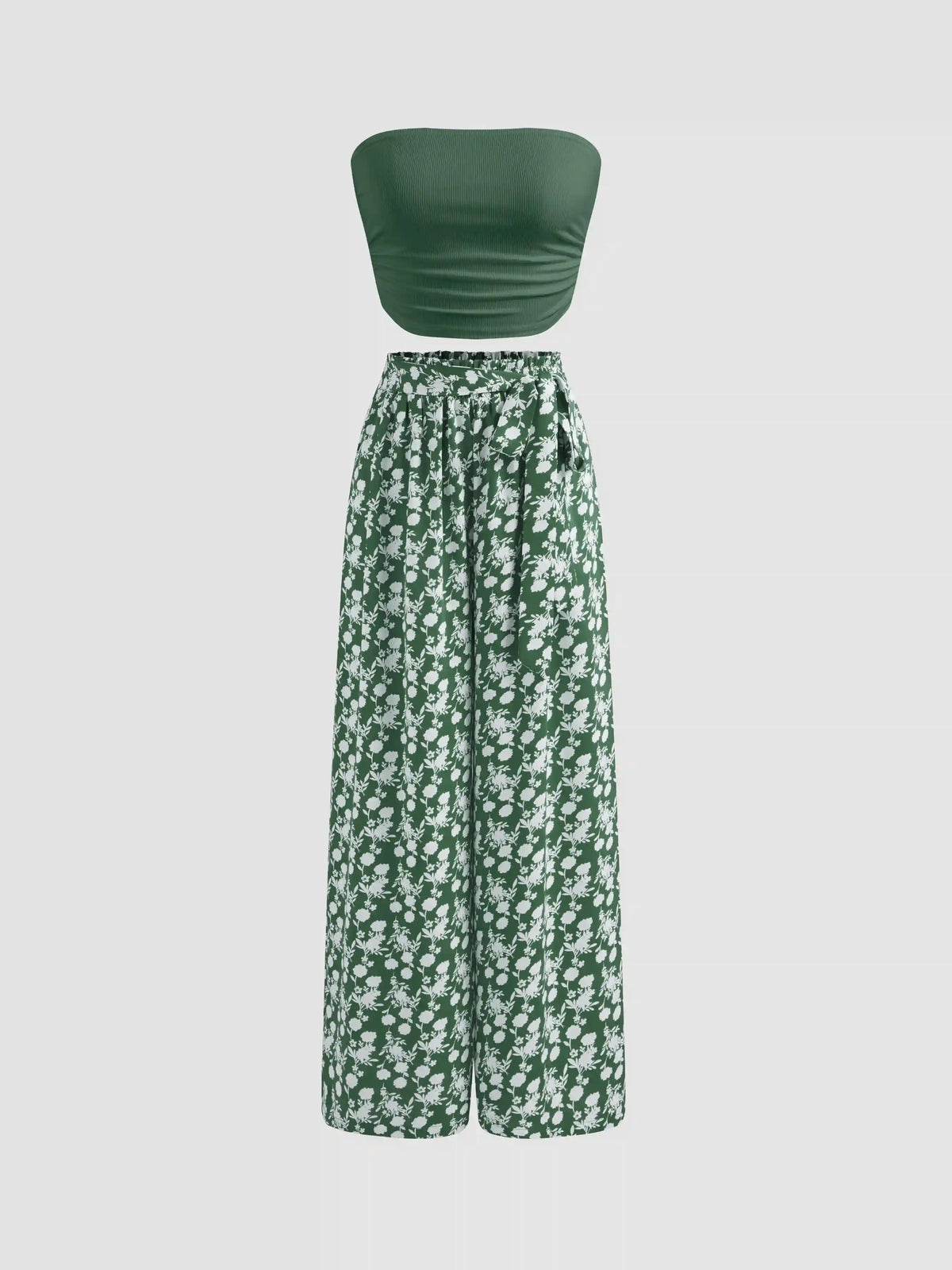 Strapless Solid Ruched Crop Top & Mid Rise Floral Knotted Wide Leg Trousers